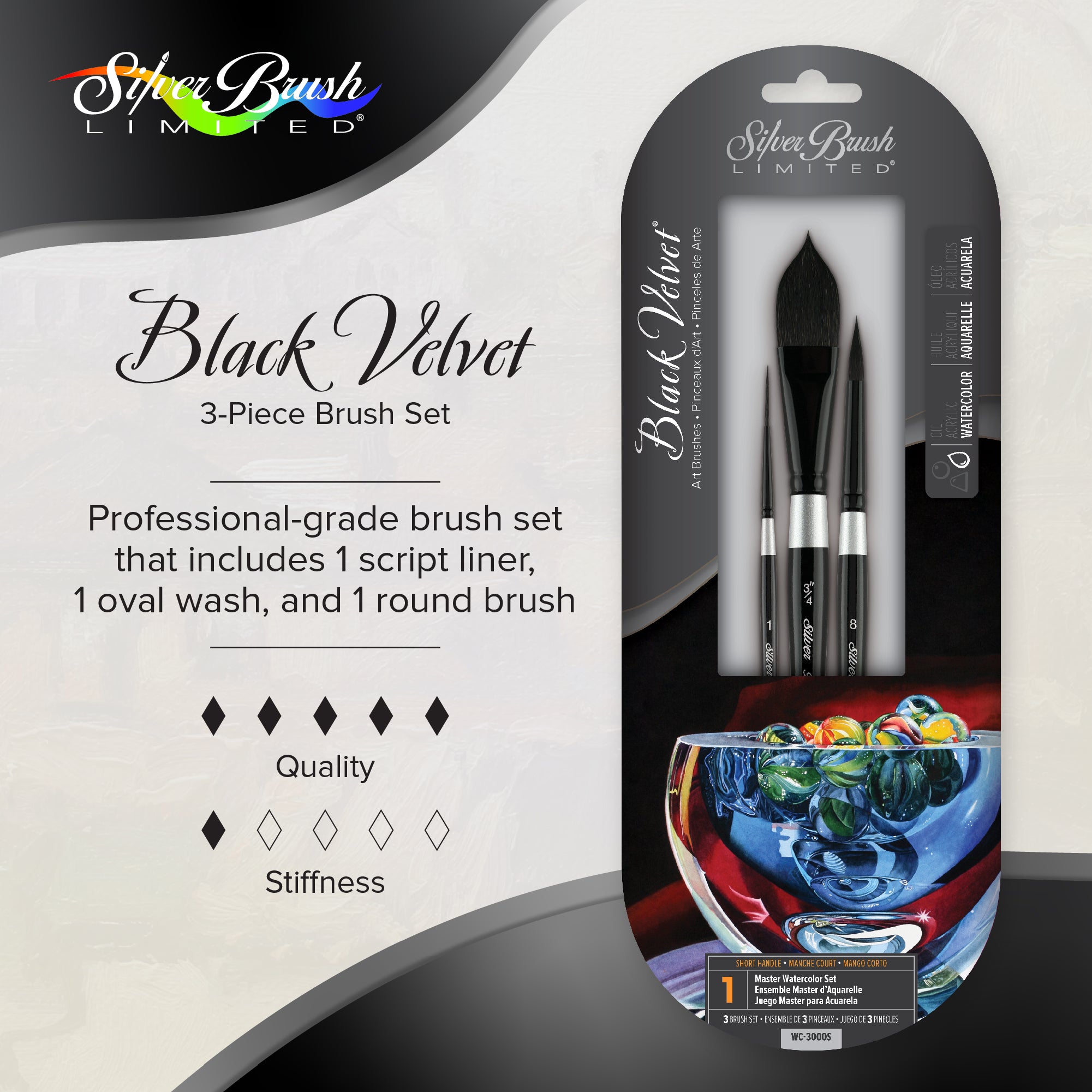 Black Velvet® 3pc Master Watercolor Set | Short Handle | WC-3000S