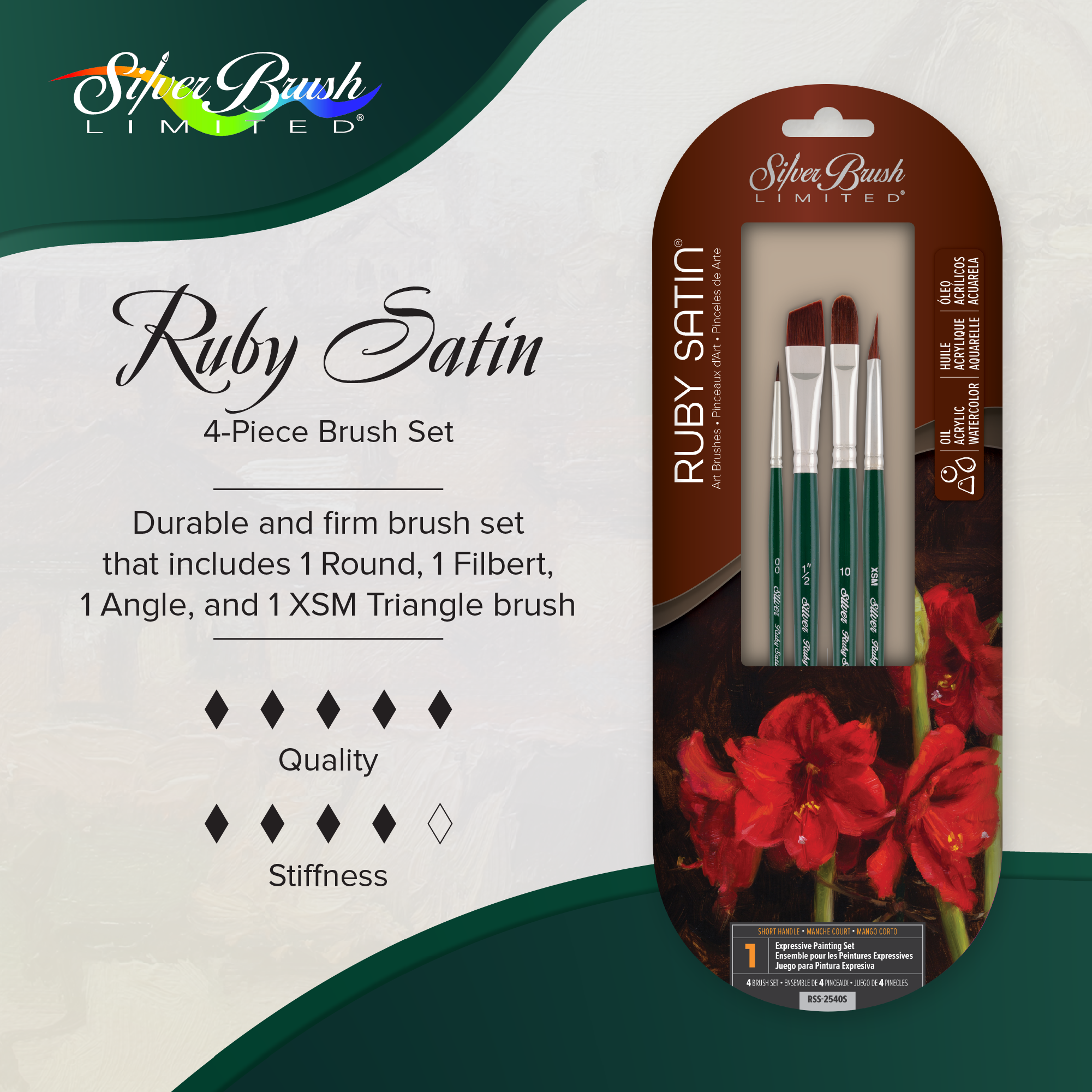 Ruby Satin® 4pc Mixed Media Variety Set | Long Handle | RS-2504