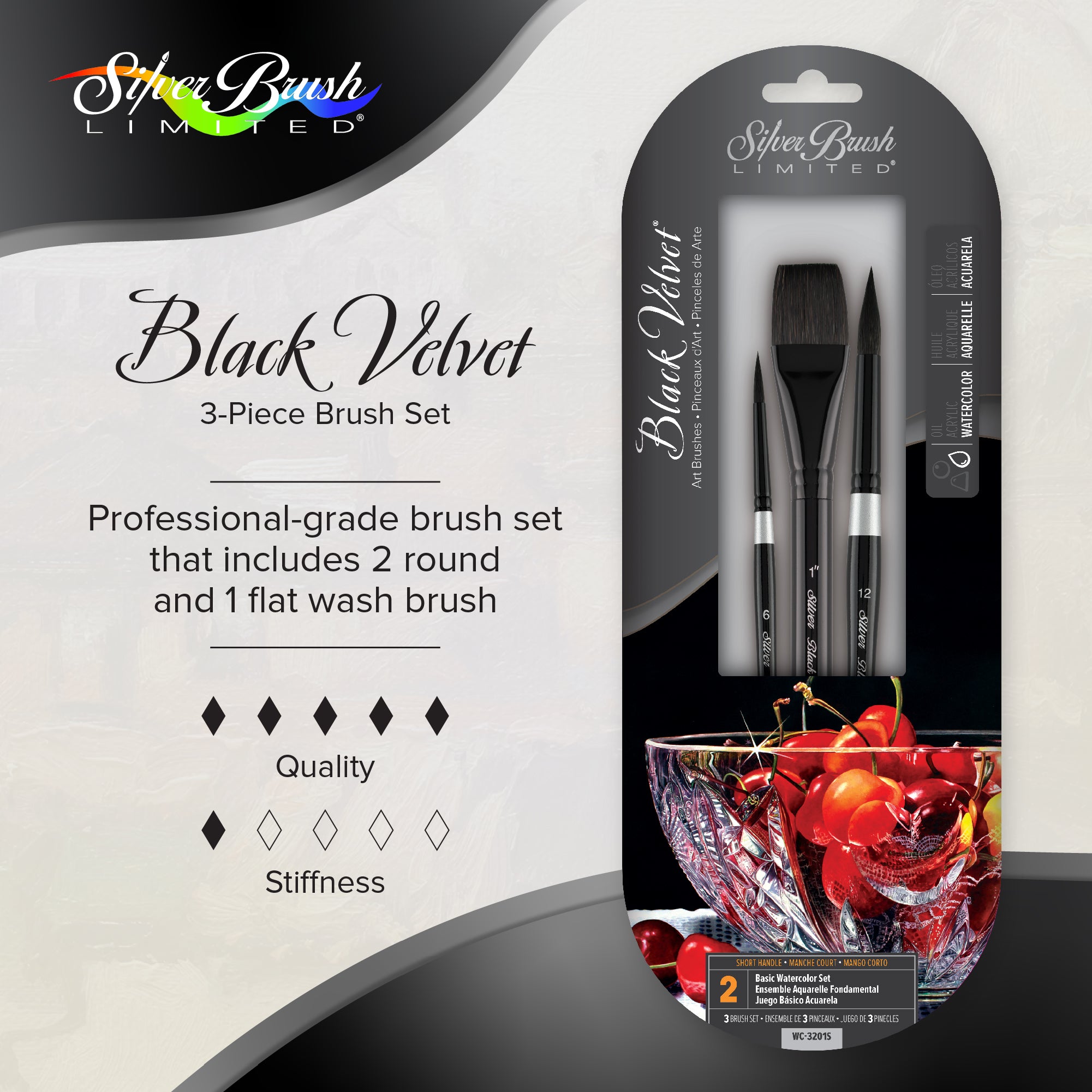 Black Velvet® 3pc Basic Watercolor Set | Short Handle | WC-3201S