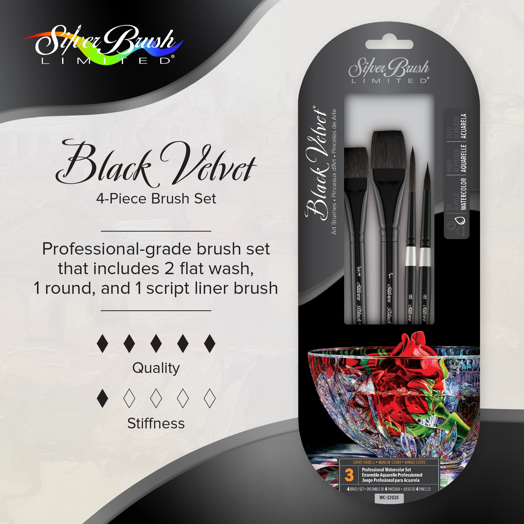 Black Velvet® 4pc Professional Watercolor Set | Short Handle | WC-3202S