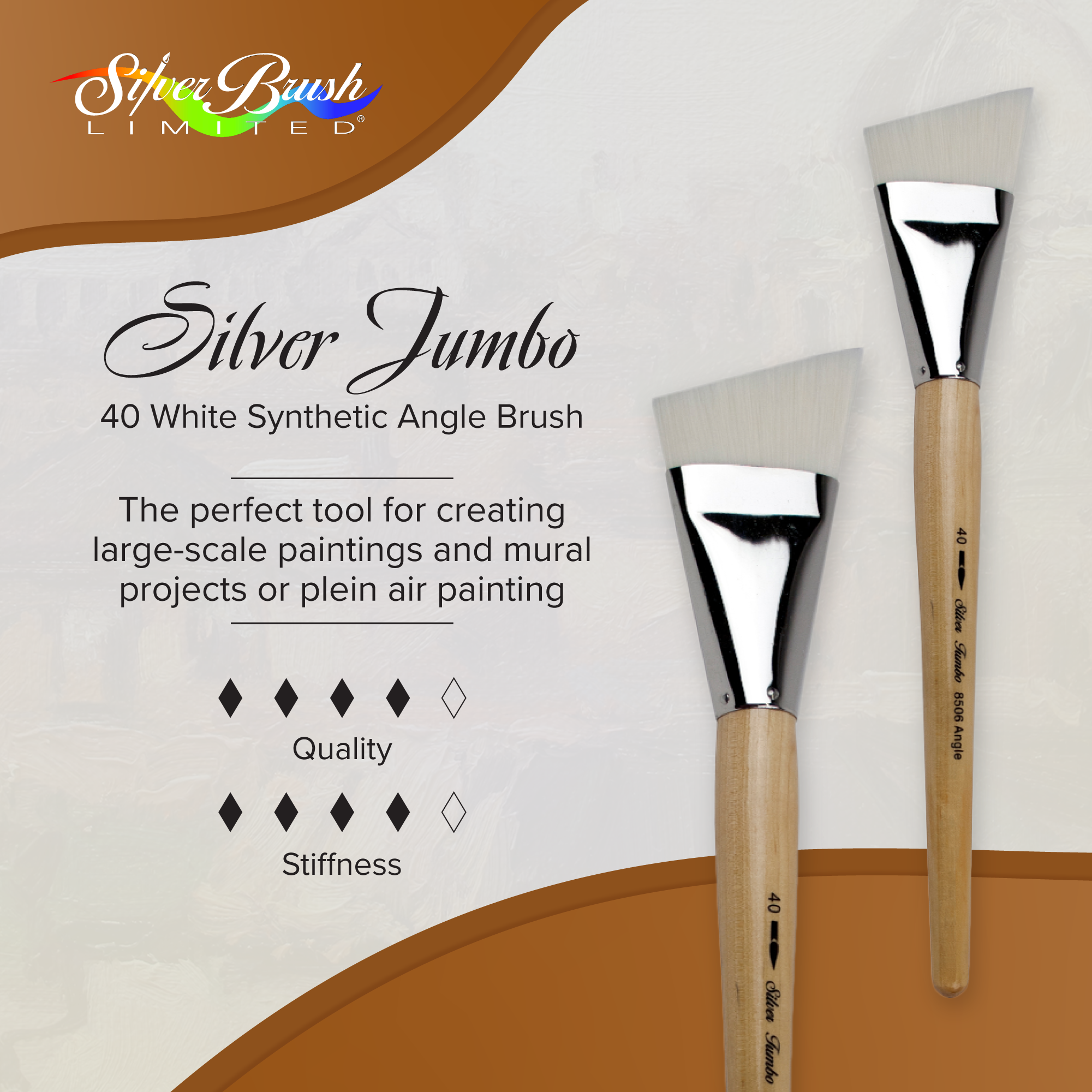 Silver Jumbo™ White Synthetic Angle Paintbrush | Mid Length Handle | 8506