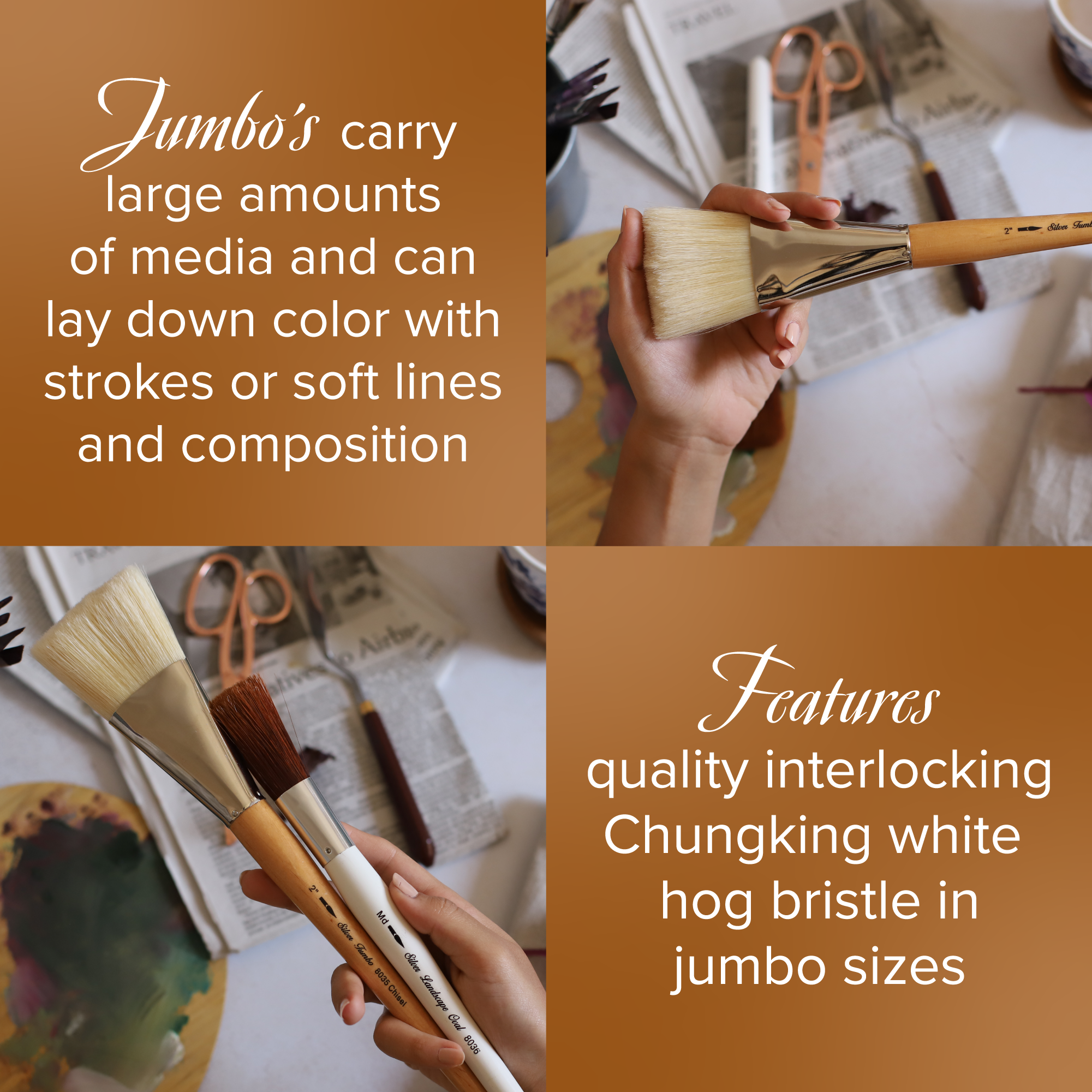 Silver Jumbo™ White Hog Bristle Angle Paintbrush | Mid Length Handle | 8006