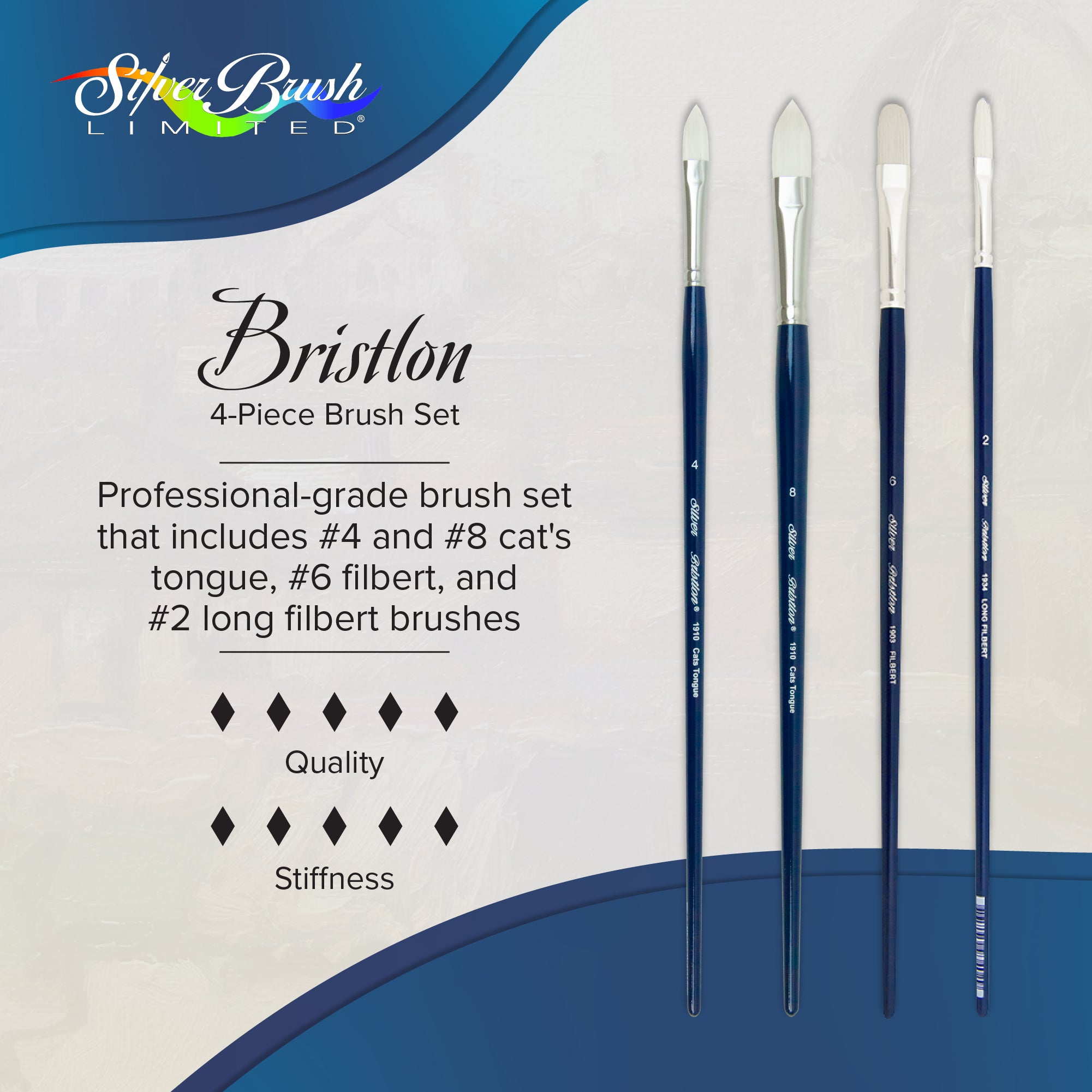 Bristlon® 4pc Cats Tongue and Filbert Brush Set | Long Handle | BR-1954
