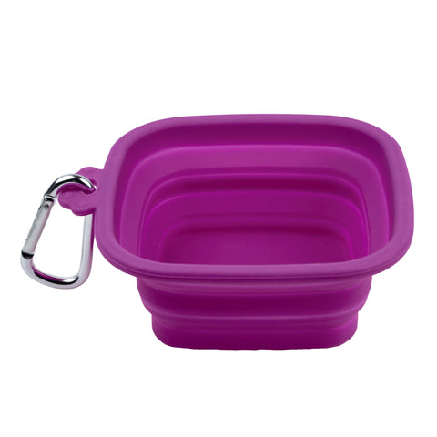 Purple collapsible paint bowl with a carabiner on a white background
