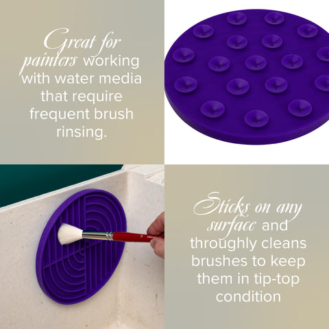 Purple silicone brush cleaning mat with text describing its use for painters.