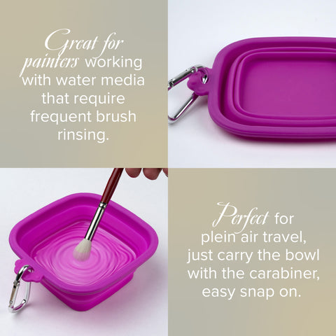 Collapsible purple silicone art bowl with carabiner and text about its use for painters.