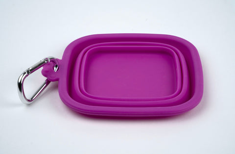 Purple silicone bowl with carabiner on a white background