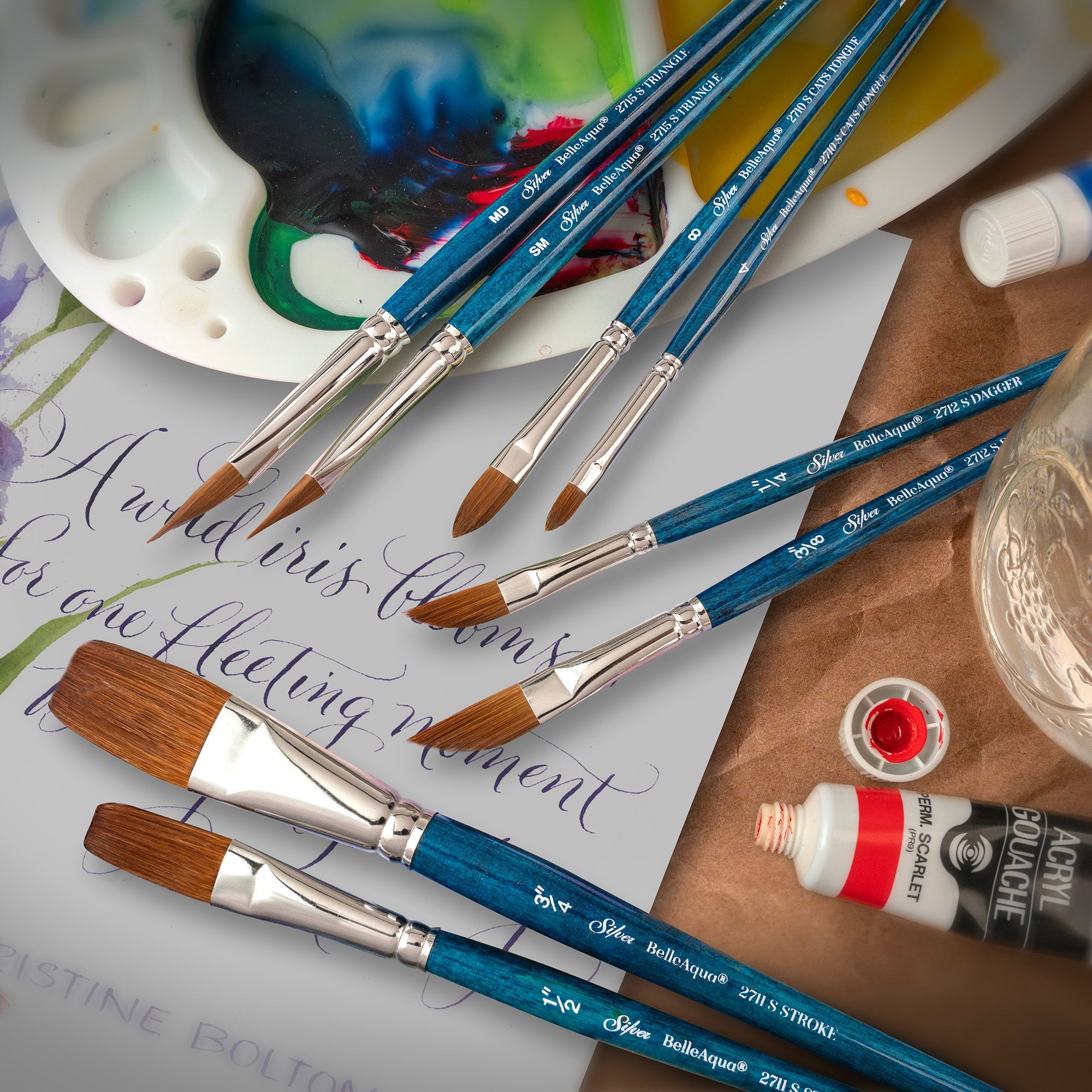 BelleAqua® 3pc Calligraphers Watercolor Set | Short Handle | BA-2703S - Calligraphers Watercolor Set
