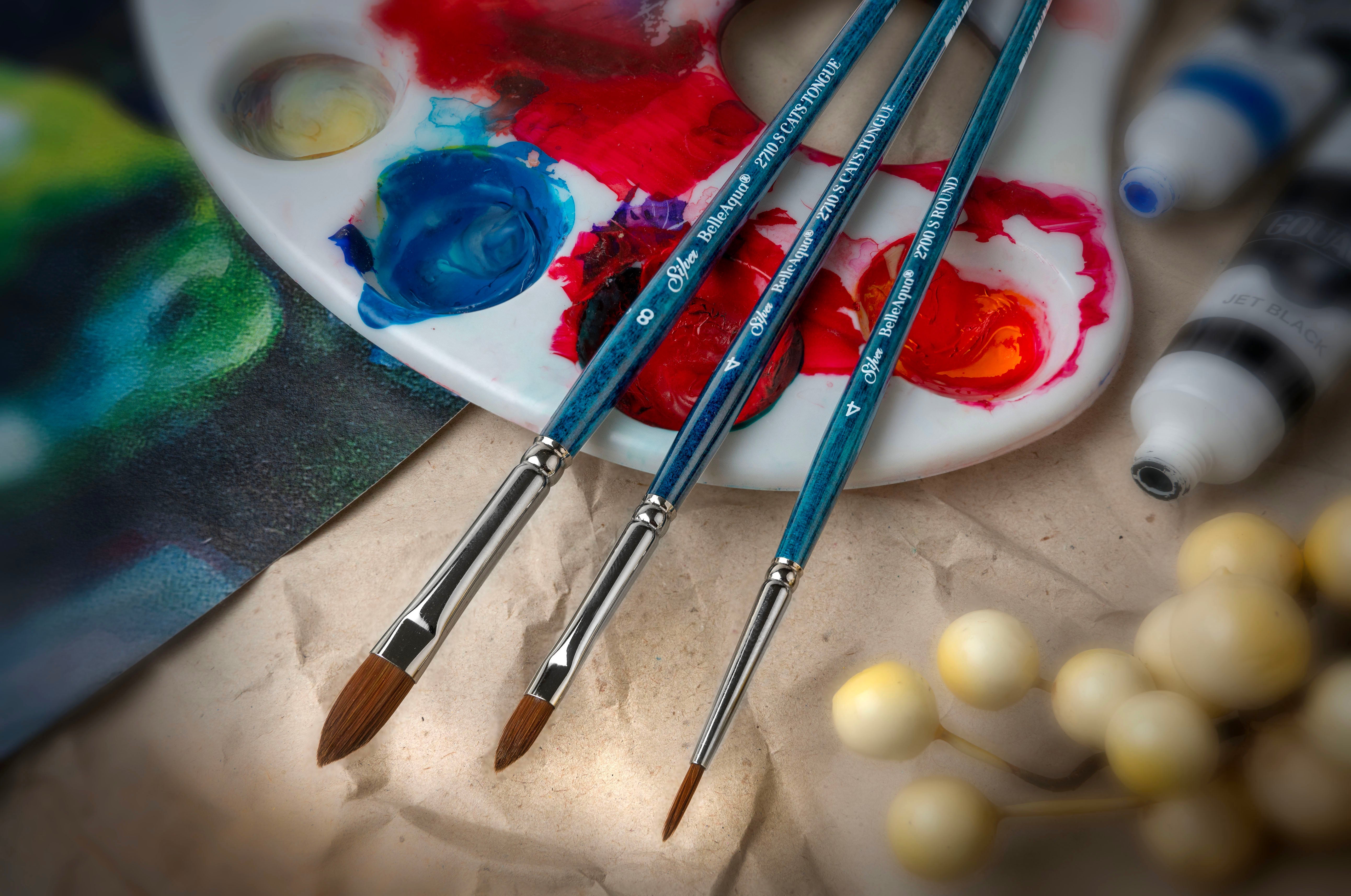 BelleAqua® 3pc Cats Tongue Pro Watercolor Set | Short Handle | BA-2704S - Cats Tongue/Round Pro Watercolor Set