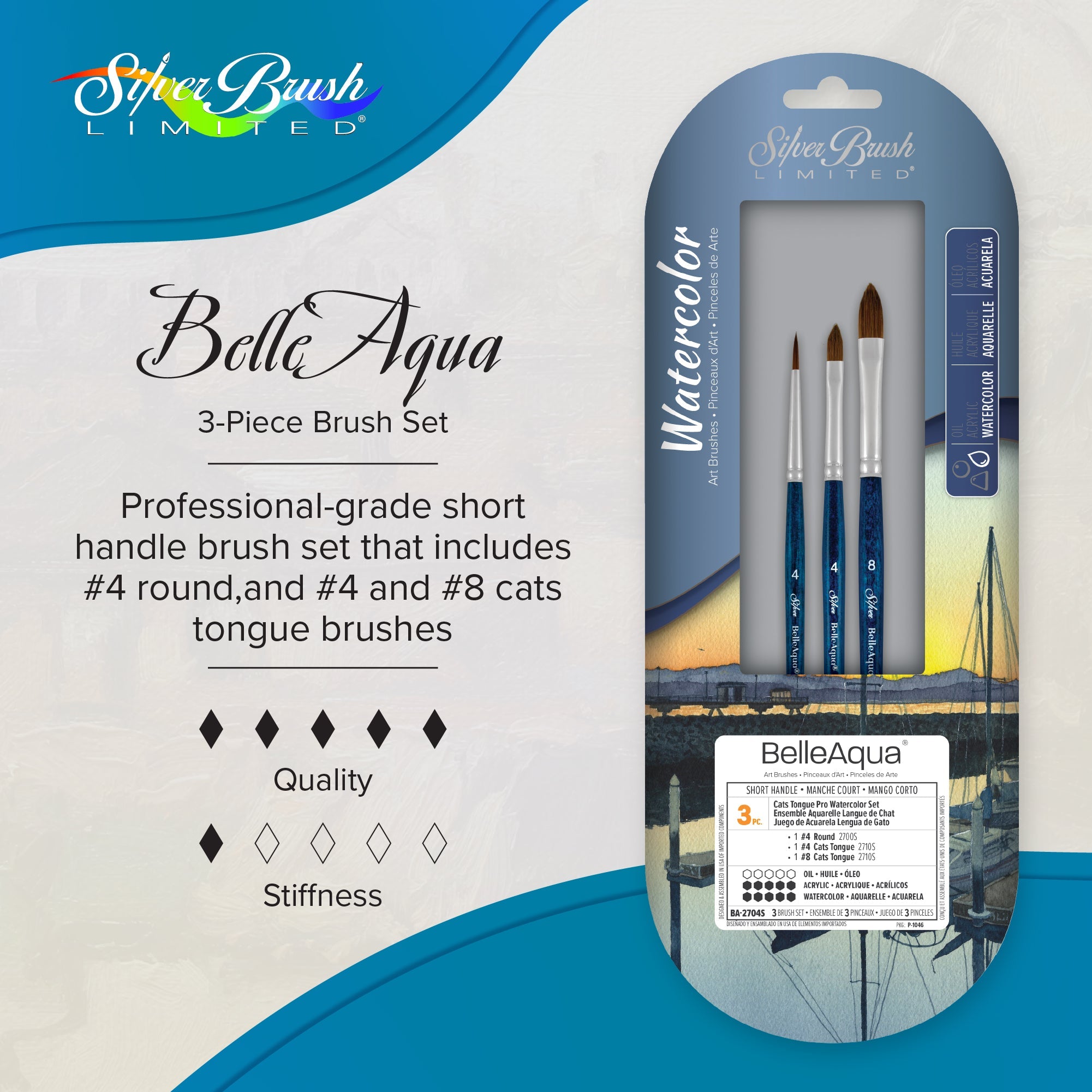 BelleAqua® 3pc Cats Tongue Pro Watercolor Set | Short Handle | BA-2704S - Cats Tongue/Round Pro Watercolor Set