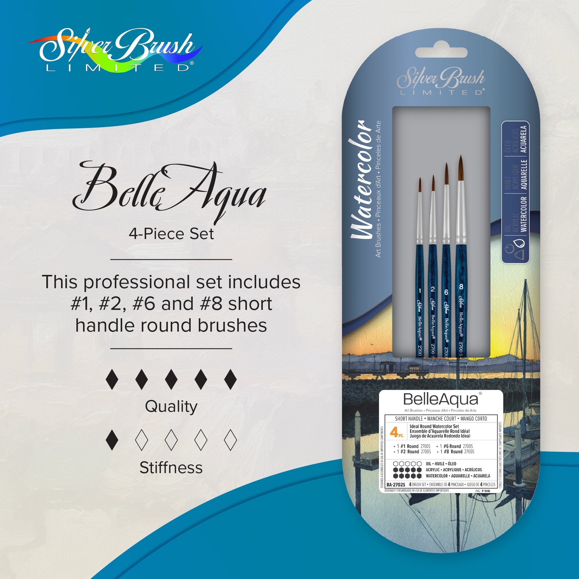 BelleAqua® 4pc Ideal Round Watercolor Set | Short Handle | BA-2702S - Ideal Round Watercolor Set