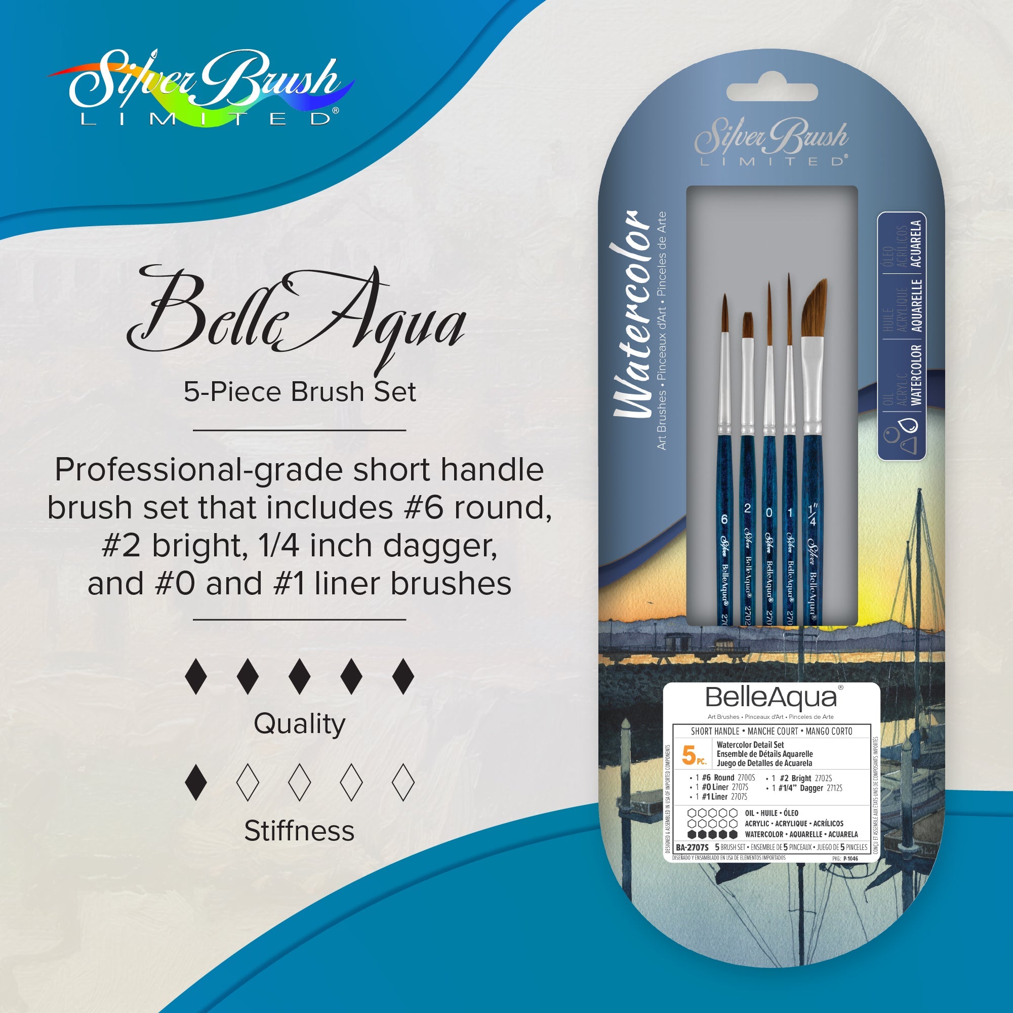 BelleAqua® 5pc Watercolor Detail Set | Short Handle | BA-2707S - Watercolor Detail Set