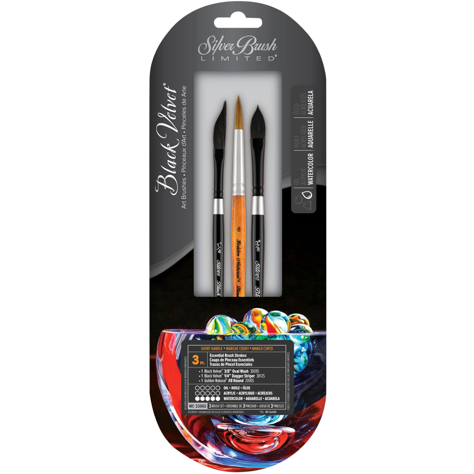 Black Velvet® 3pc Essential Brush Strokes Set | Short Handle | WC-3206S - Essential Brush Strokes Set