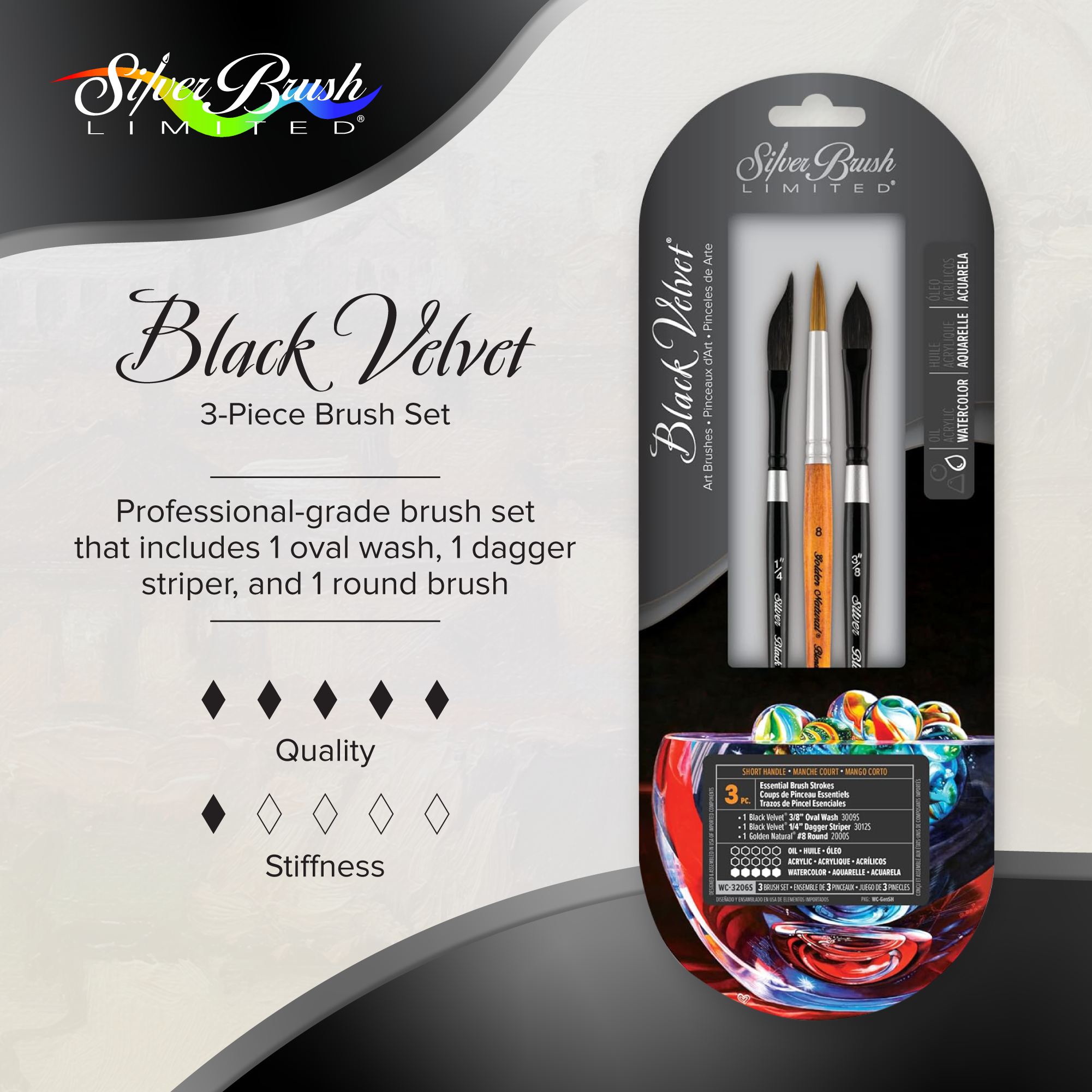 Black Velvet® 3pc Essential Brush Strokes Set | Short Handle | WC-3206S - Essential Brush Strokes Set
