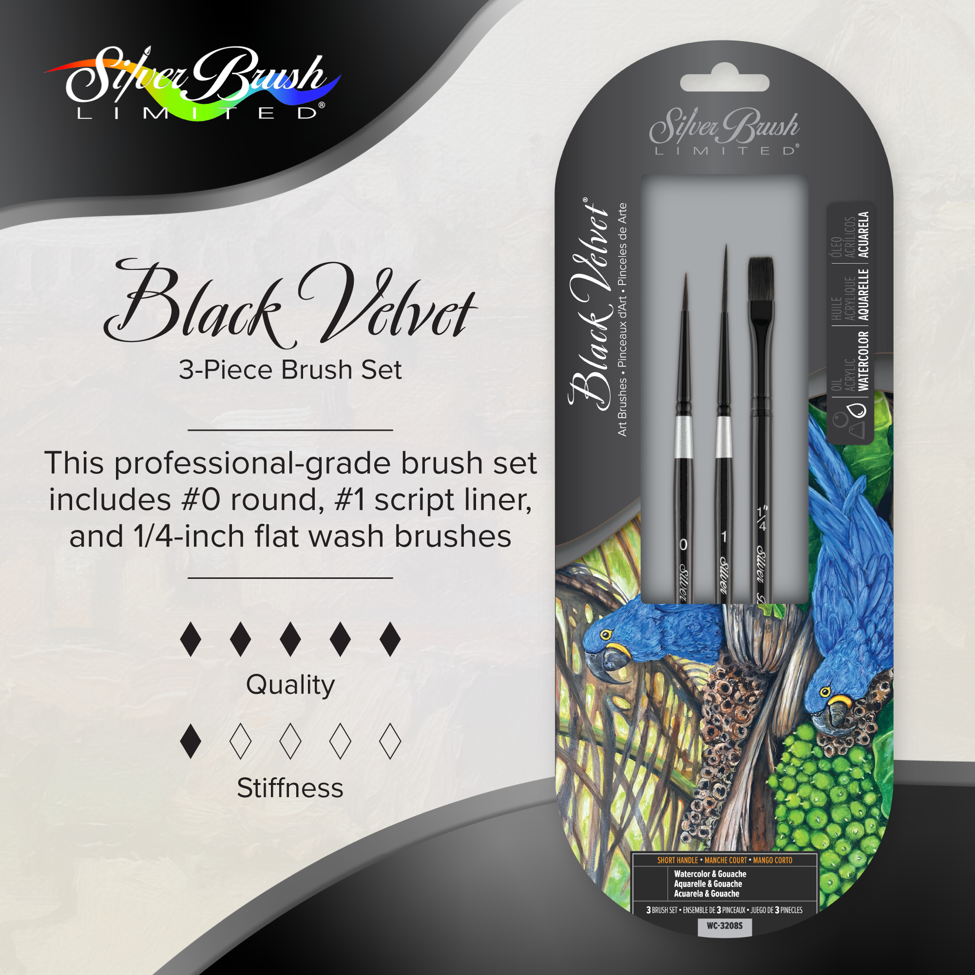 Black Velvet® 3pc Variety Set | Short Handle | WC-3208S - Round/Liner/Square Wash