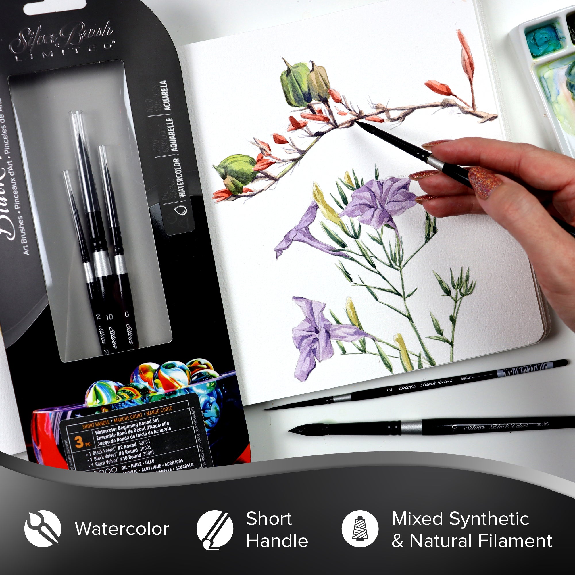 Black Velvet® 3pc Watercolor Beginning Round Set | Short Handle | WC-3205S - Watercolor Beginning Round Set