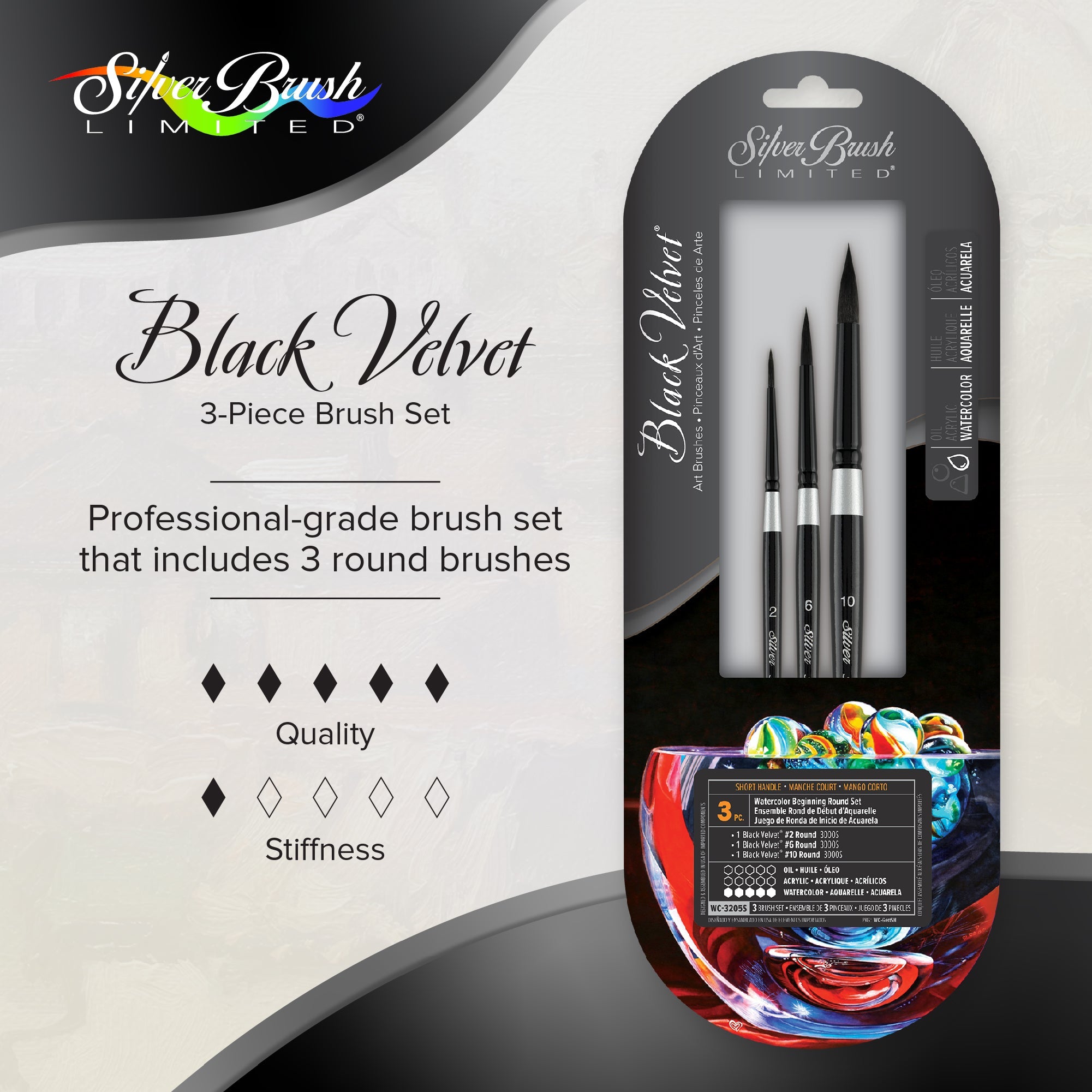 Black Velvet® 3pc Watercolor Beginning Round Set | Short Handle | WC-3205S - Watercolor Beginning Round Set