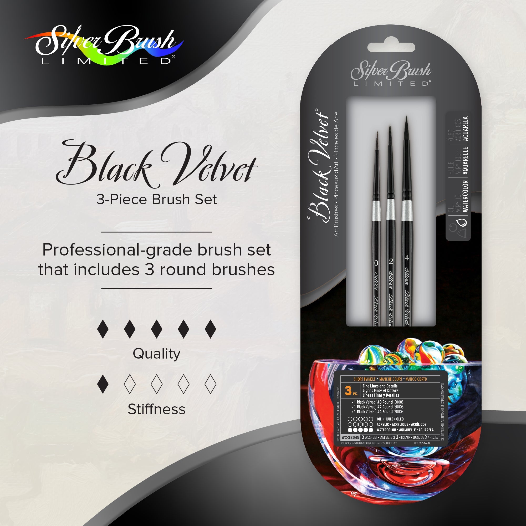 Black Velvet® 3pc Watercolor Round Set | Short Handle | WC-3204S - Watercolor Round Set