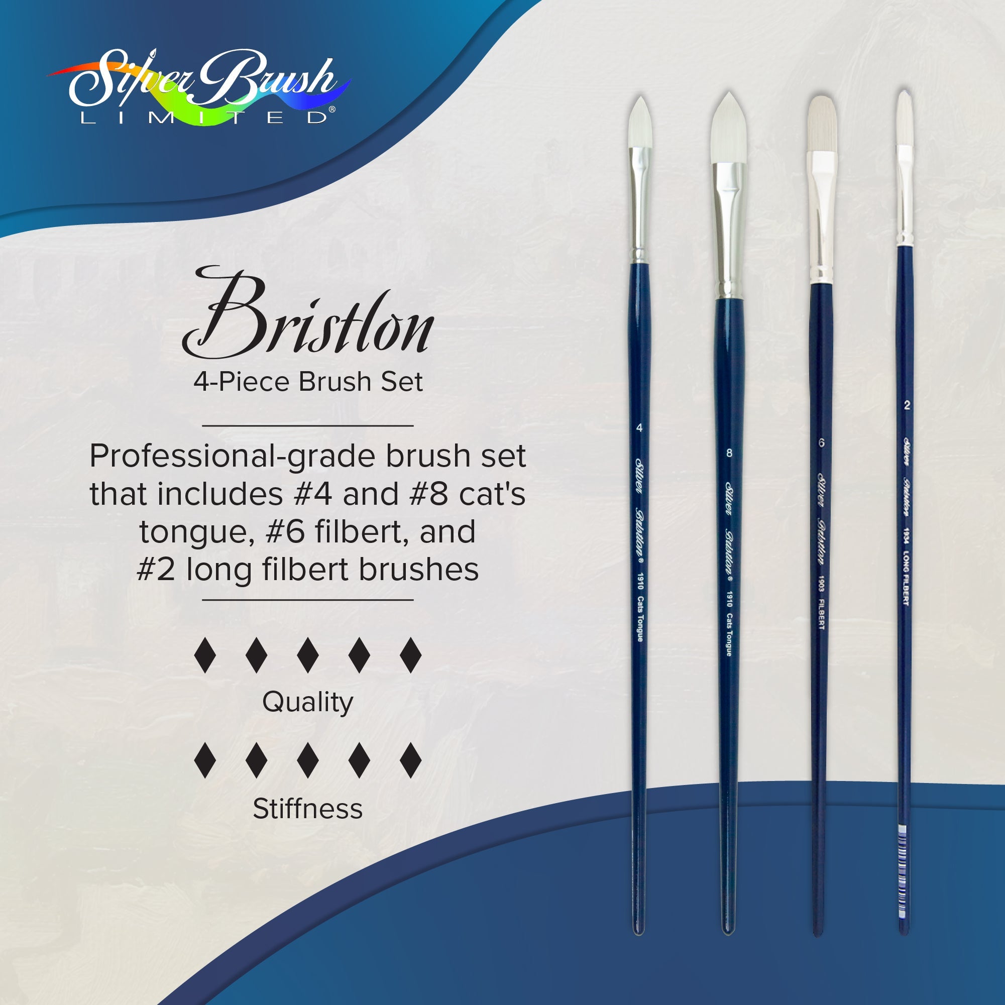 Bristlon® 4pc Cats Tongue and Filbert Brush Set | Long Handle | BR-1954 - Cat’s Tongues & Filberts