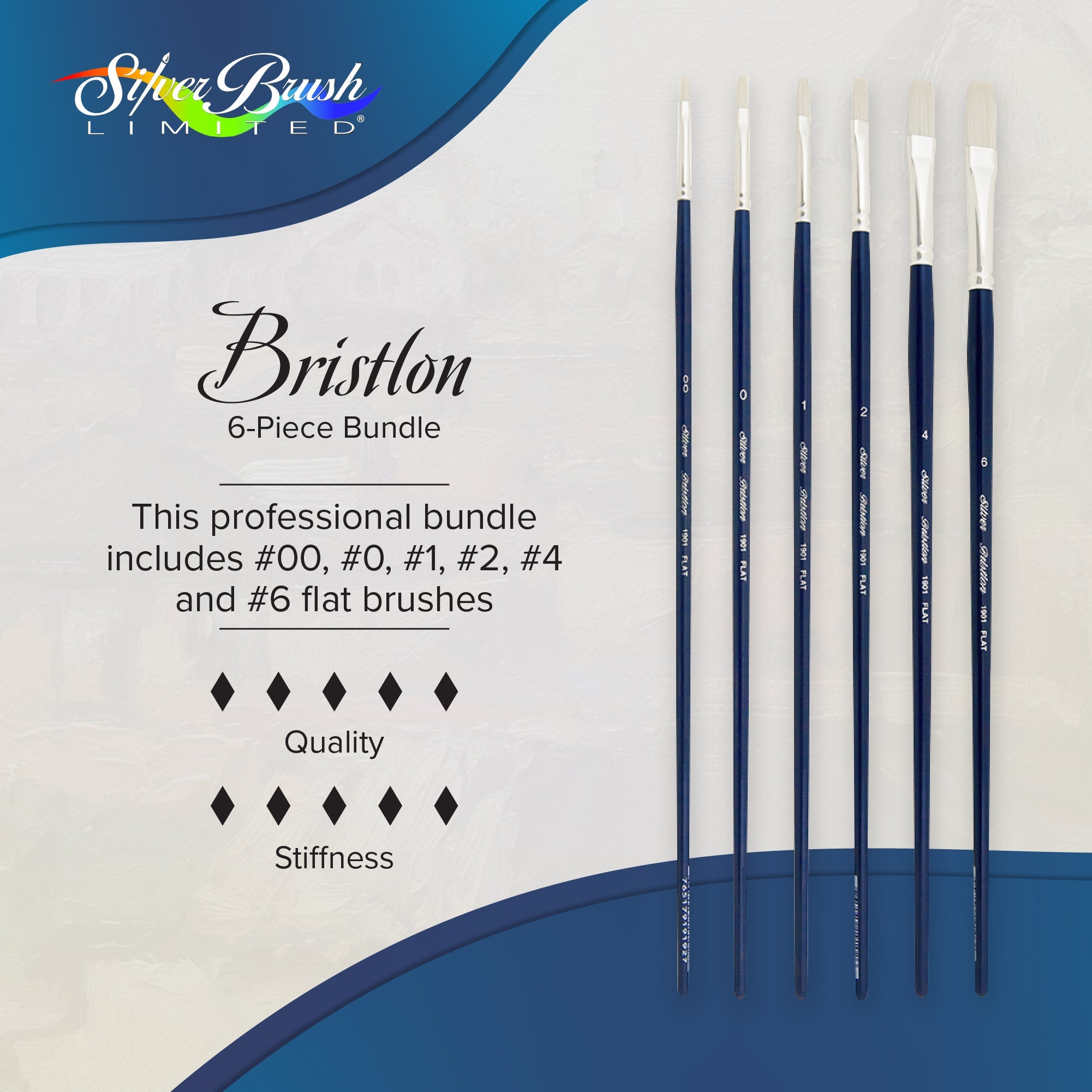 Bristlon® 6pc Flat Brush Set | Long Handle | BR-1951 – Silver