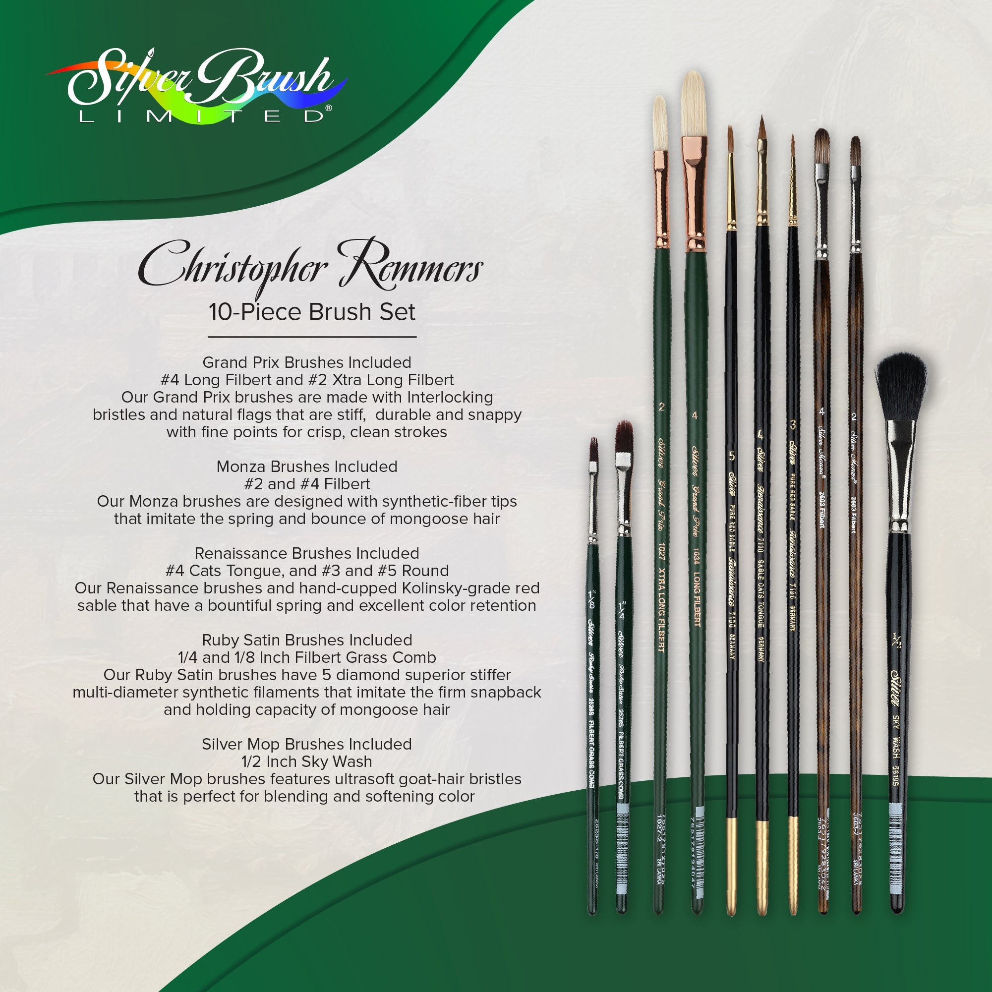 Christopher Remmers Essentials 10pc Professional Oil Brush | CH-9910 - 10 pc Long Handle