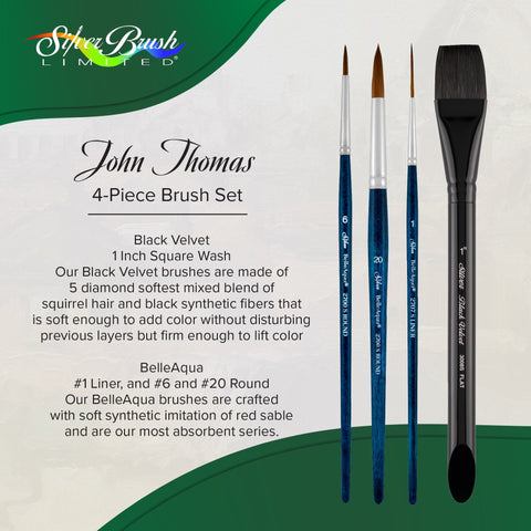 Johnny Thomas Premium 4 pc Watercolor Short Handle Brush Set | JT-9911S - Square Wash/Liner/Round