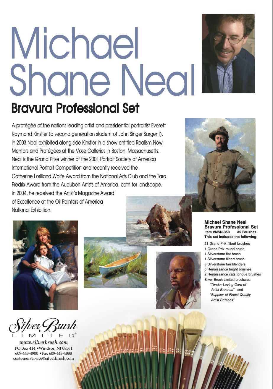 Michael Shane Neal 35pc Bravura Pro Paintbrush | Long Handle | MSN-350 - Round/Filbert/Flat/Fan/Cats Tongue