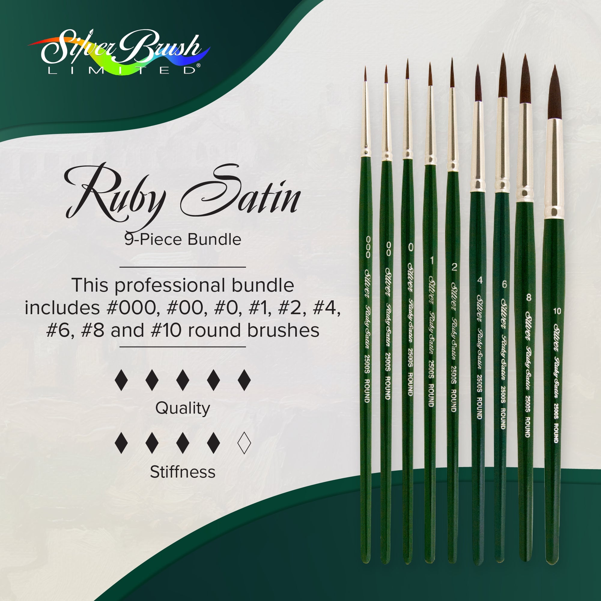 Ruby Satin® 9pc Round Brush Set | Short Handle | RS-2599S - Short Handle Rounds