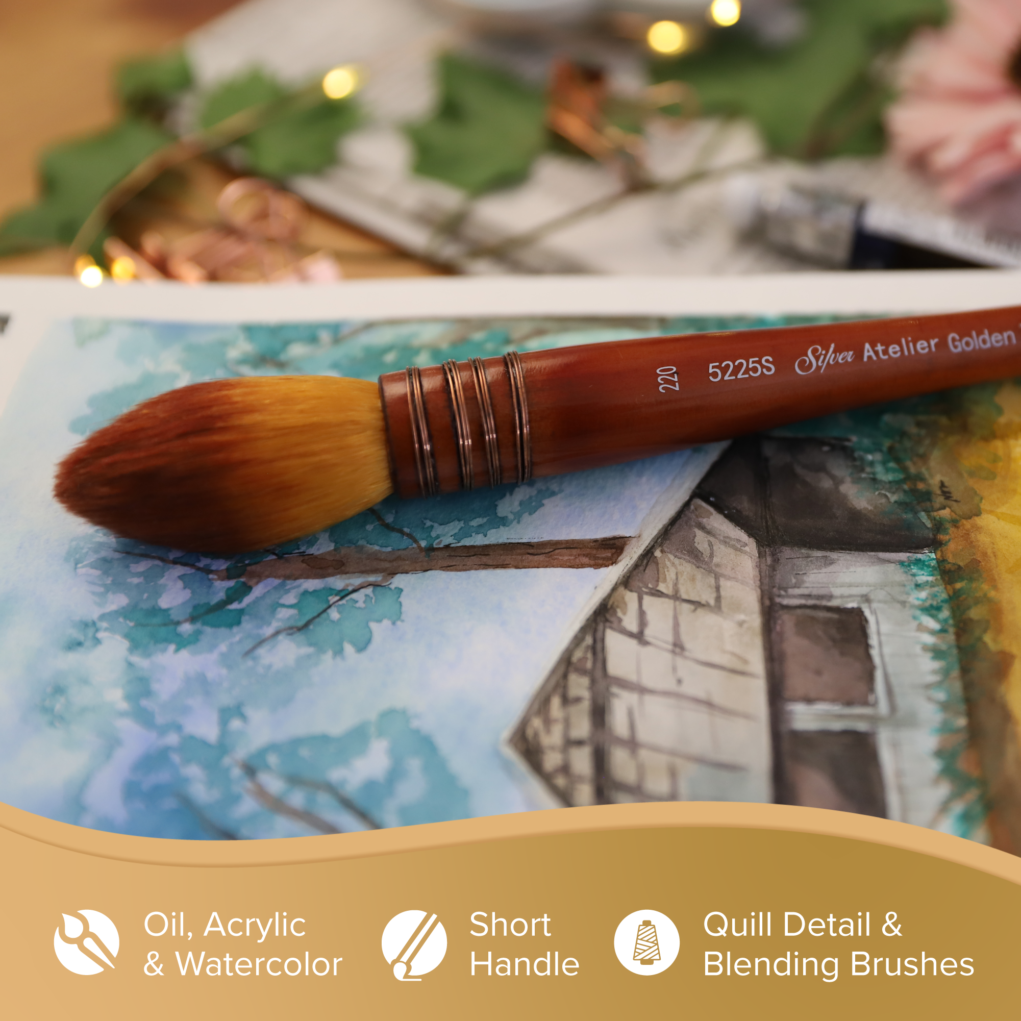 Silver Atelier™ Golden Taklon Quill Paintbrush | Short Handle | 5225S