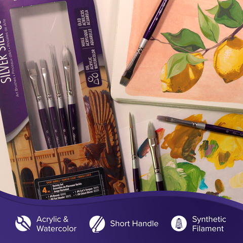 Silver Silk 88® 4pc Variety Set | Short Handle | SK-8106S - Round/Flat Shader/Cats Tongue/Chisel Blender/