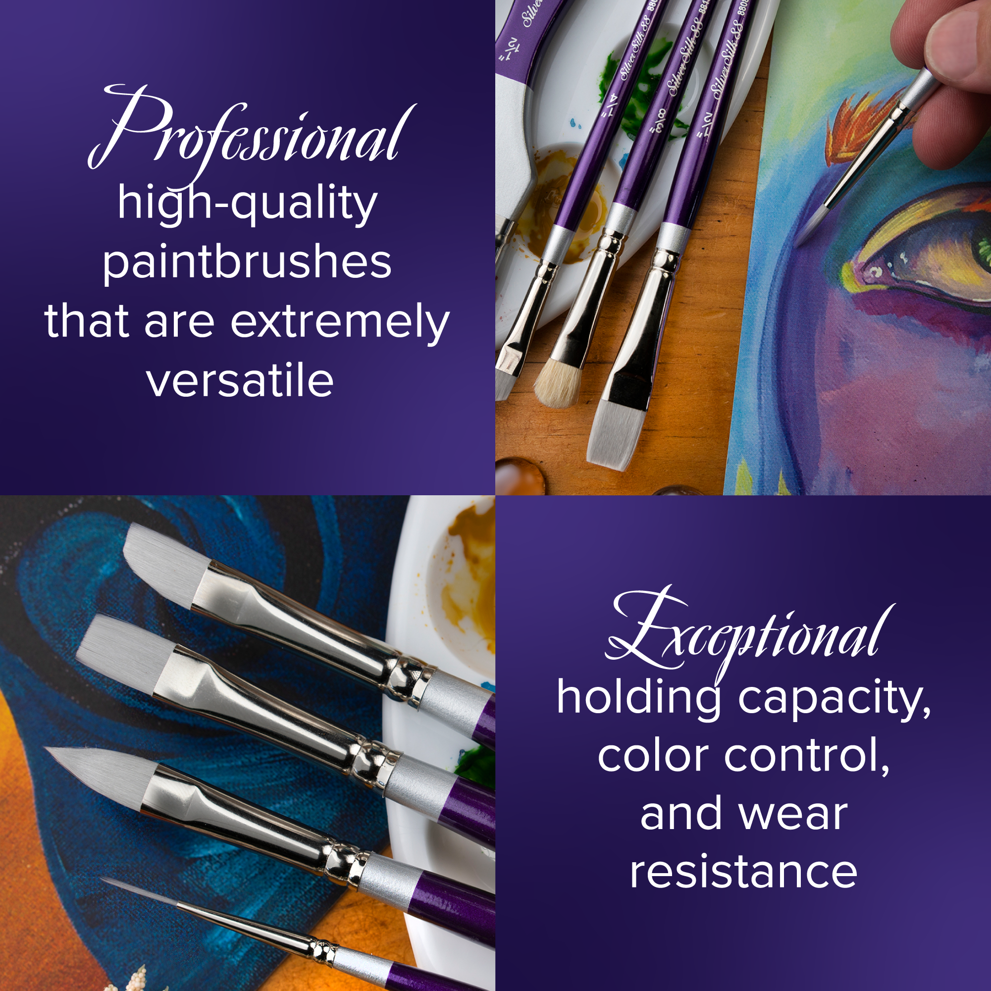Silver Silk 88® 4pc Variety Set | Short Handle | SK-8106S - Round/Flat Shader/Cats Tongue/Chisel Blender/