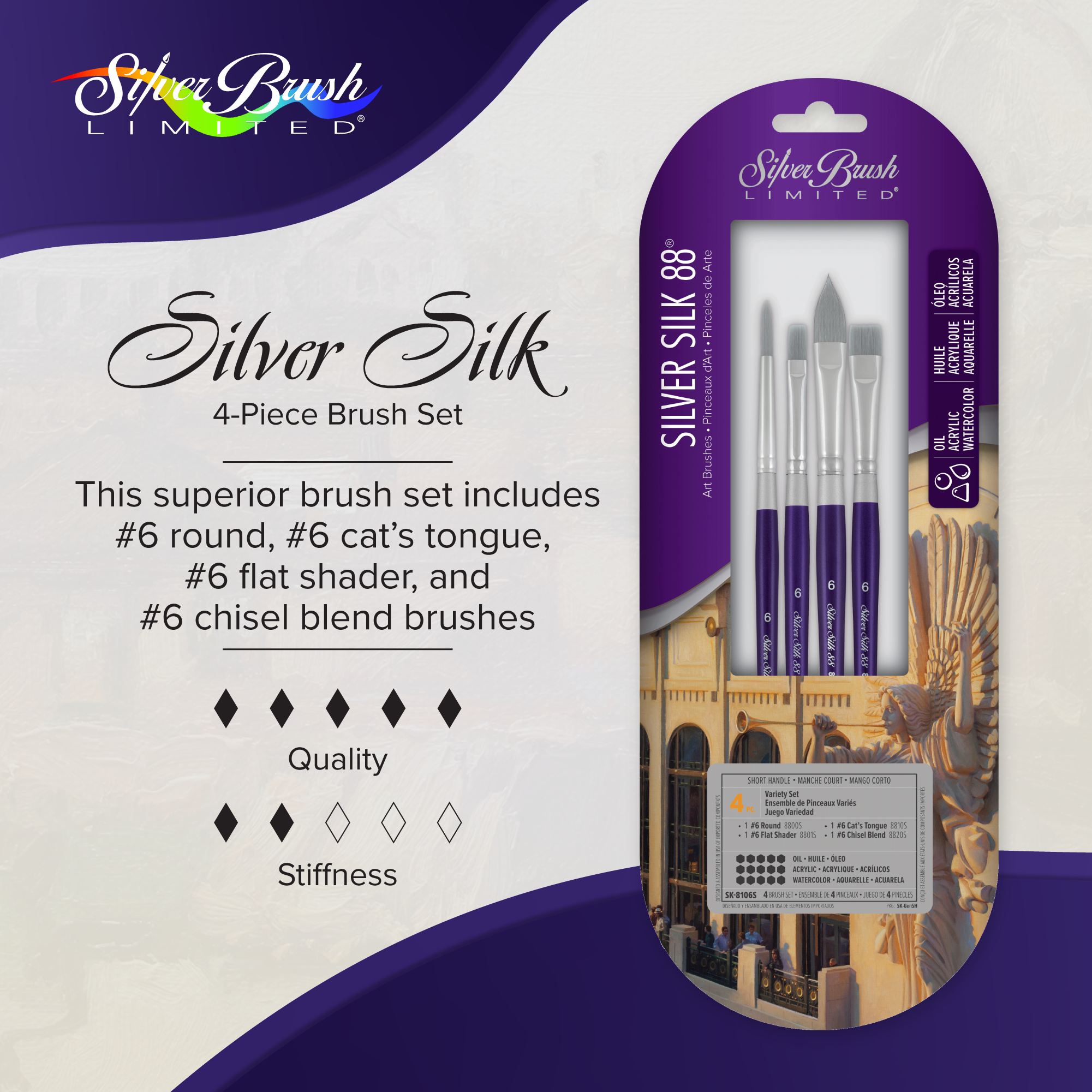 Silver Silk 88® 4pc Variety Set | Short Handle | SK-8106S - Round/Flat Shader/Cats Tongue/Chisel Blender/