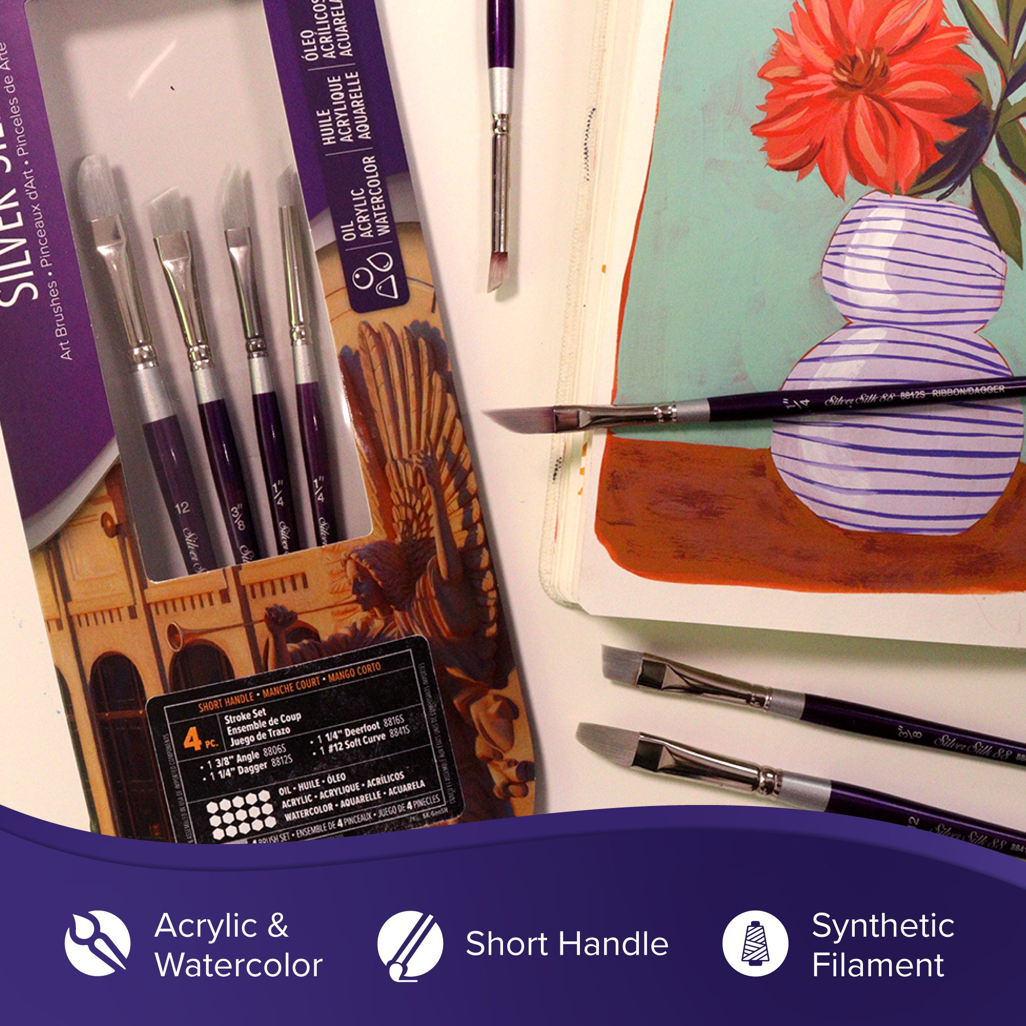 Silver Silk 88® 4pc Variety Set | Short Handle | SK-8113S - Round Crescent Oval Angle Chisel Blender