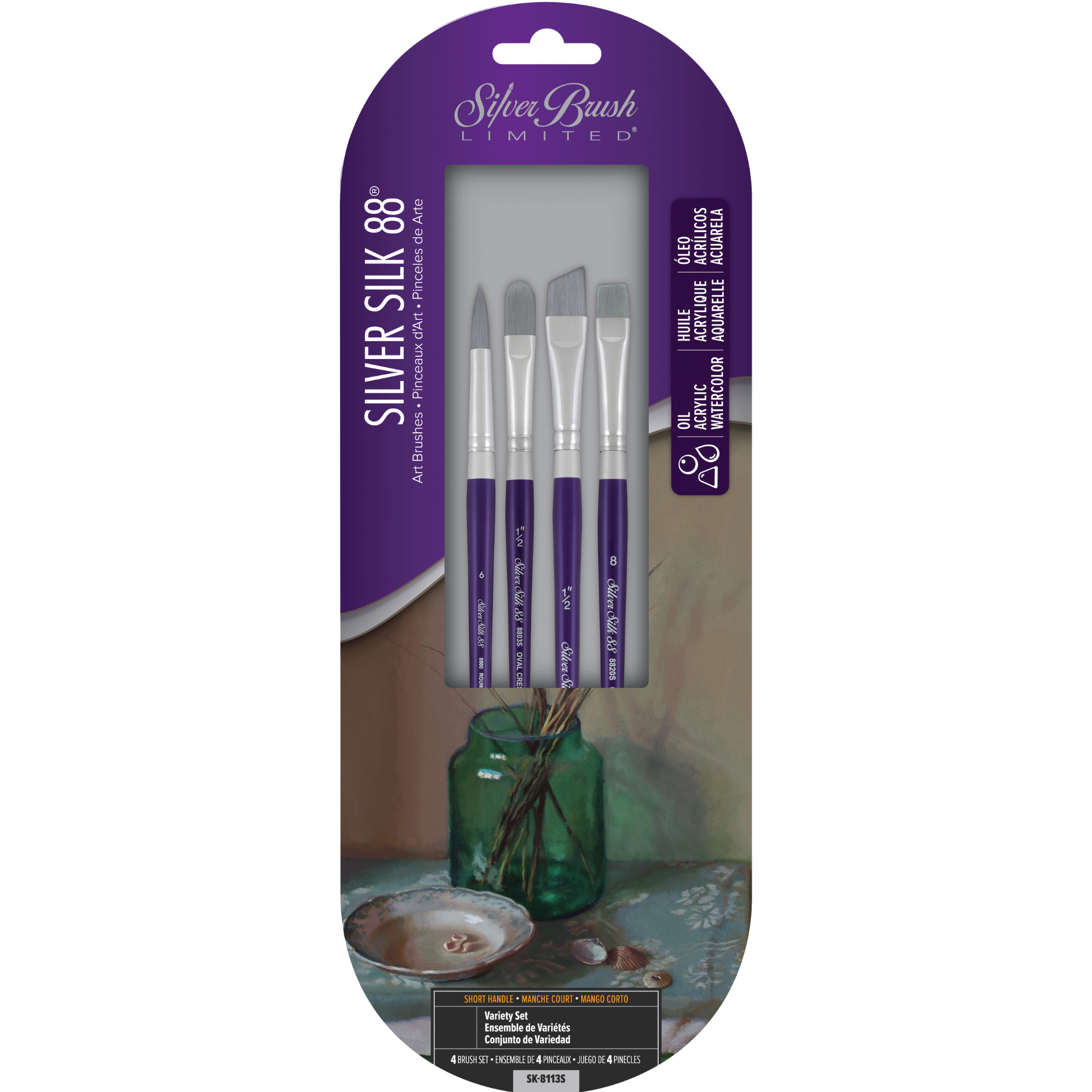 Silver Silk 88® 4pc Variety Set | Short Handle | SK-8113S - Round Crescent Oval Angle Chisel Blender