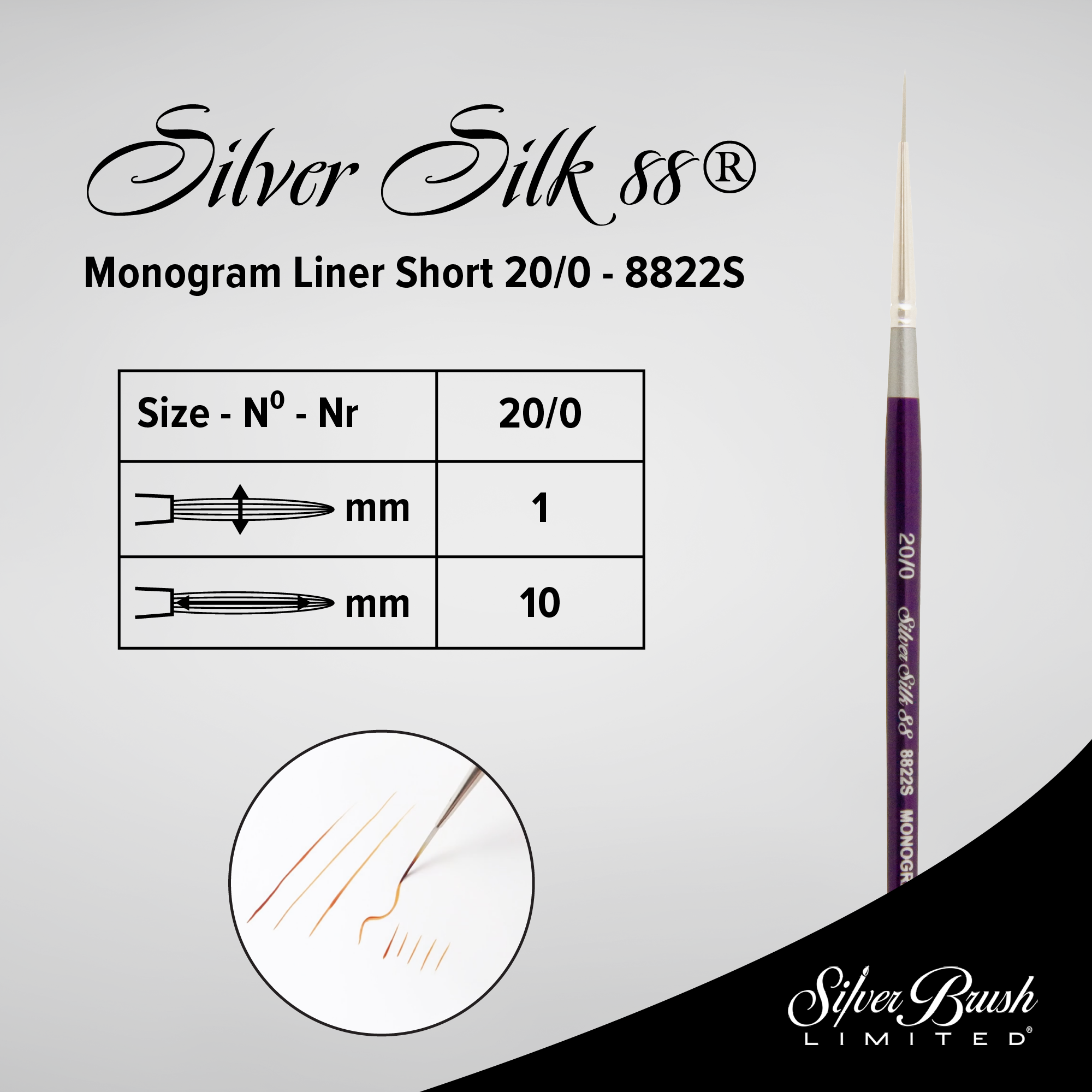 Silver Silk 88® Silver Synthetic Monogram Liner Paintbrush | Short Handle | 8822S - Size 20/0